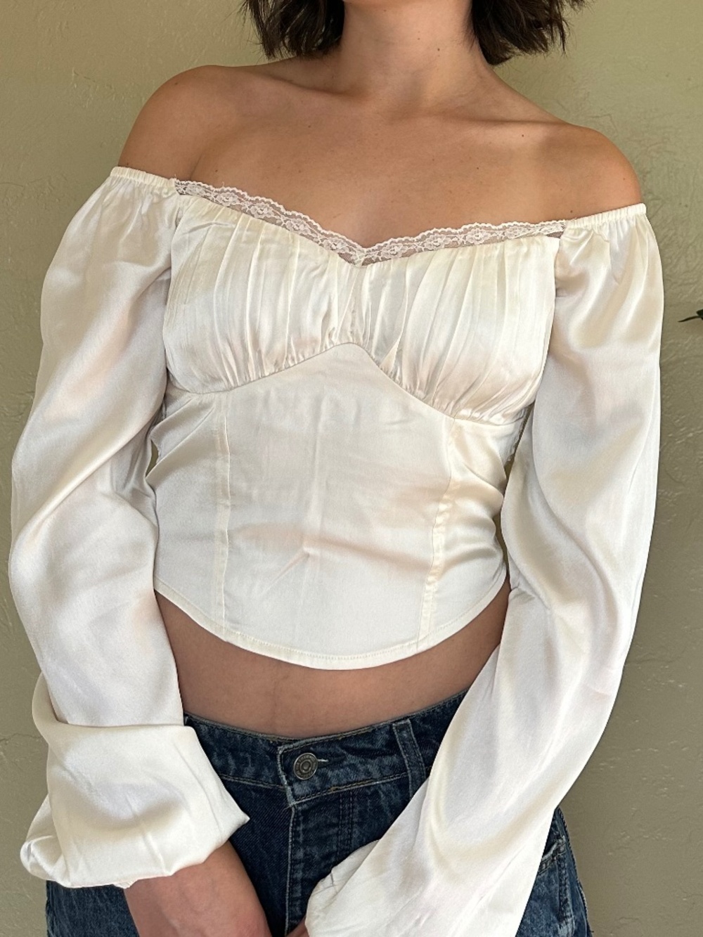 Hollister Ivory Long Sleeve Satin Top Size S